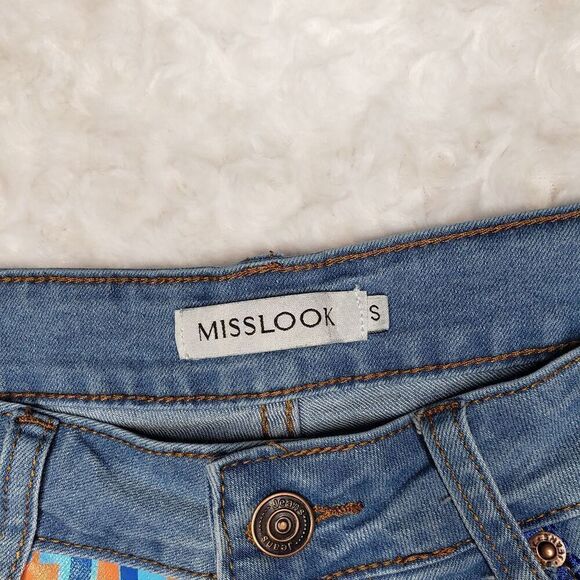 Miss Look size small aztec print embroidered 7" denim jean festival boho shorts - Picture 2 of 7